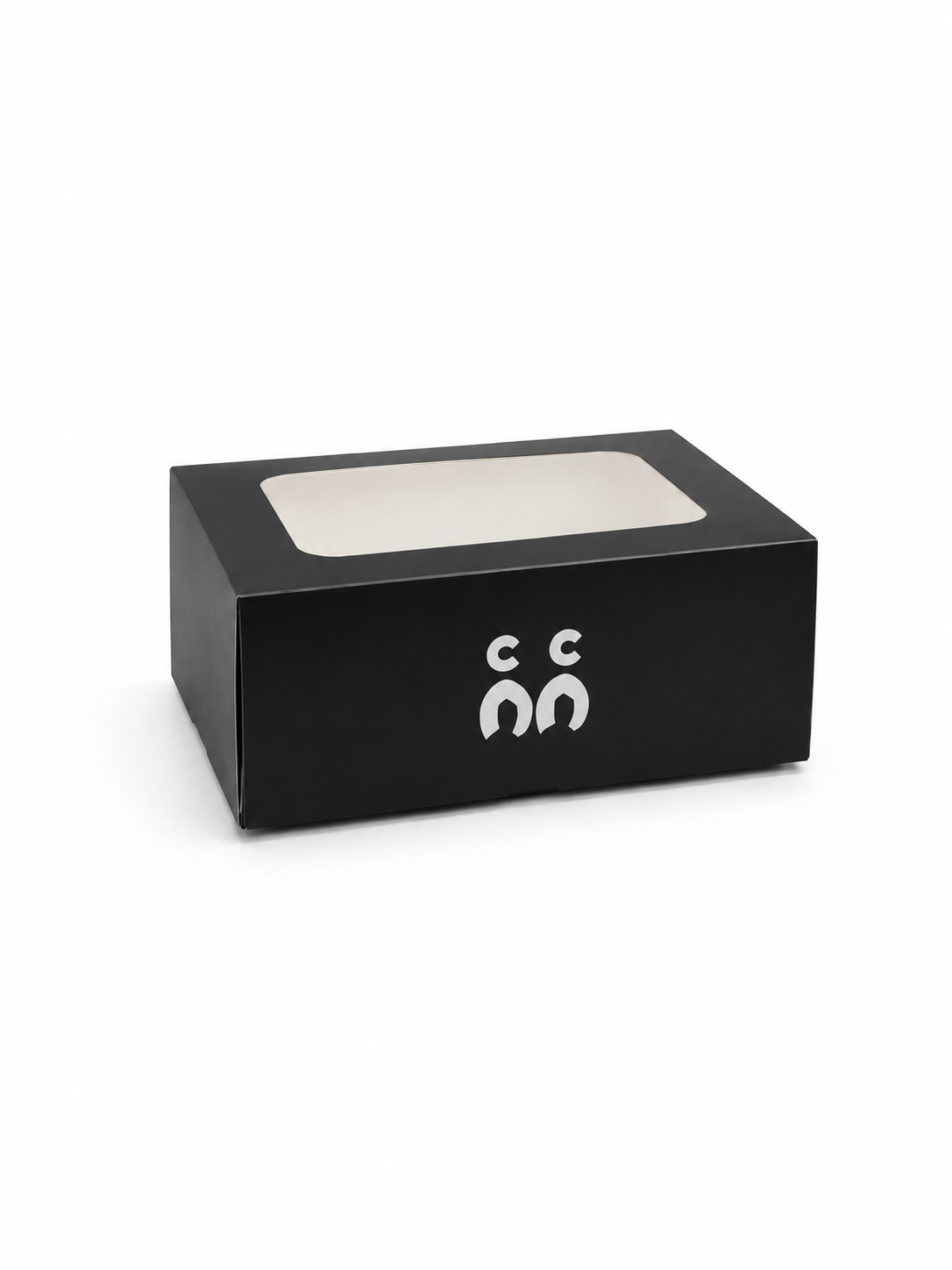 Black pastry box with a clear window panel in the lid